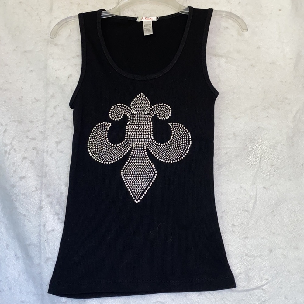 Black Scoop Neck Rhinestone Fleur De Lis Tank Top